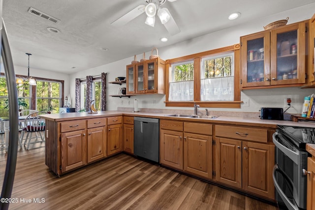 121 Pinewood Acres Dr, Powells Point, NC 27966 - kitchen with a sink, a peninsula, appliances with stainless steel finishes, dark wood-type flooring, and visible vents
