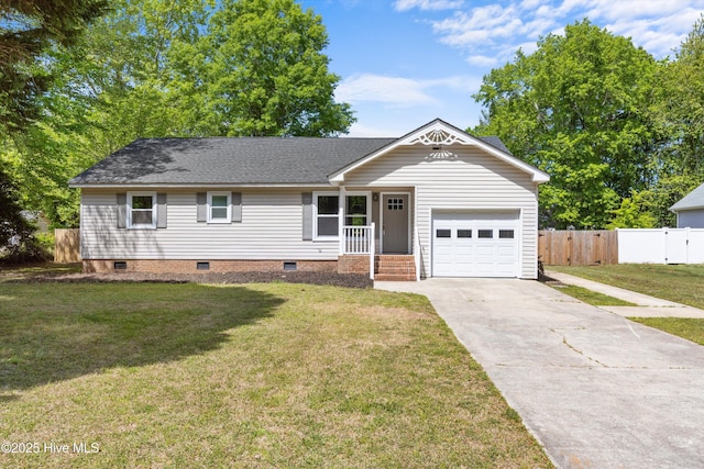 ranch-style house featuring fence, an attached garage, a front yard, crawl space, and concrete driveway