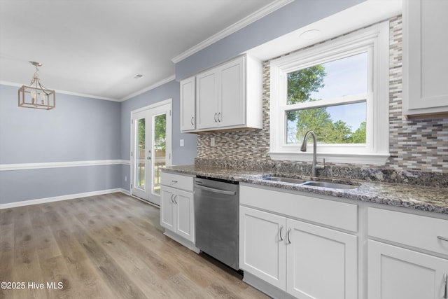 kitchen with a sink, dishwasher, white cabinets, and tasteful backsplash