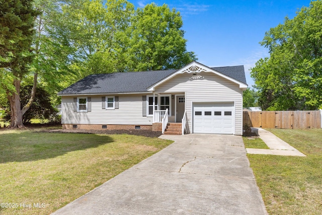 single story home featuring a garage, a front yard, roof with shingles, crawl space, and driveway