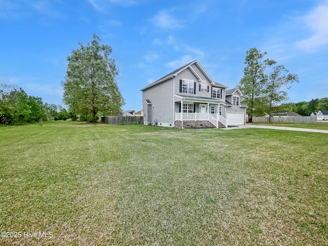 exterior space with covered porch, concrete driveway, fence, an attached garage, and crawl space