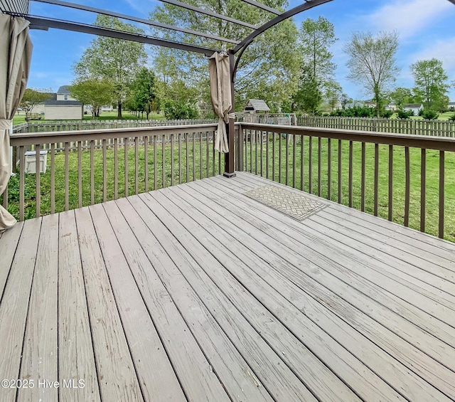 wooden deck with a fenced backyard and a yard