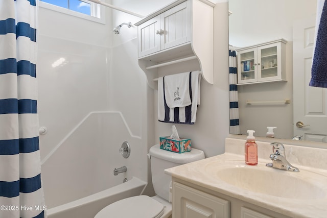full bathroom with toilet, shower / bathtub combination with curtain, and vanity