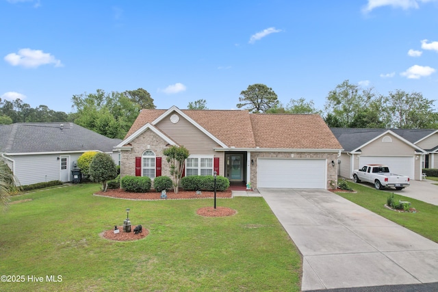 ranch-style home featuring a front lawn, concrete driveway, brick siding, and an attached garage