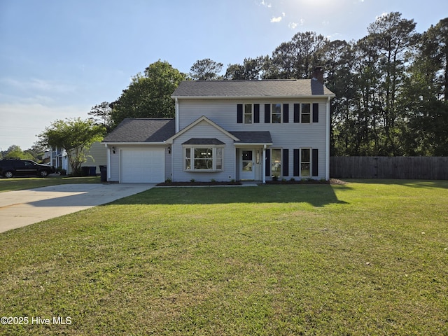 view of front of property featuring a chimney, a front lawn, driveway, fence, and a garage