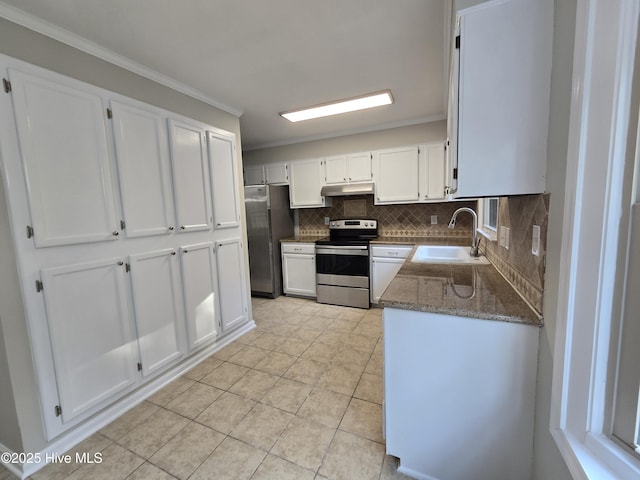 kitchen featuring a sink, white cabinetry, appliances with stainless steel finishes, under cabinet range hood, and ornamental molding