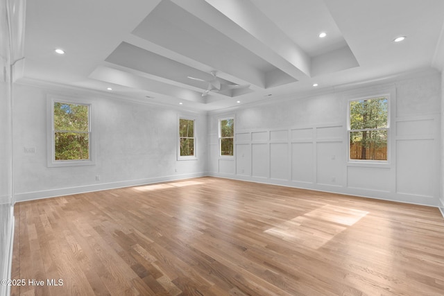 unfurnished room featuring recessed lighting, ceiling fan, a decorative wall, and light wood-type flooring