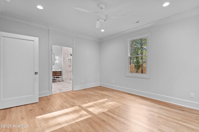 unfurnished bedroom featuring crown molding, visible vents, wood finished floors, baseboards, and recessed lighting
