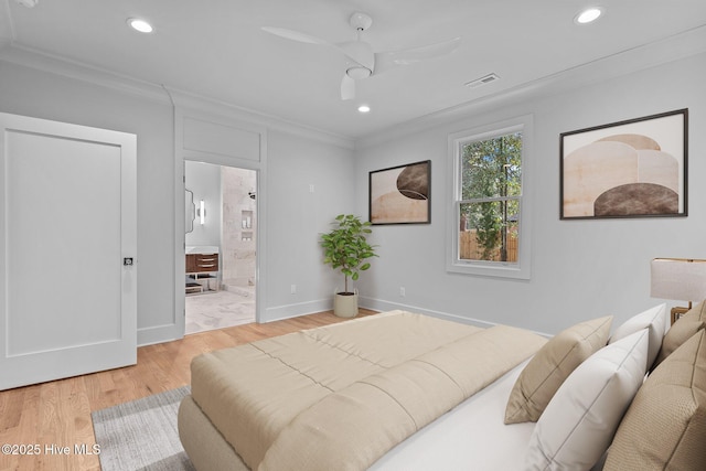 bedroom with crown molding, recessed lighting, baseboards, and light wood-type flooring