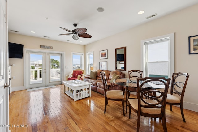 1605 Mackerel Ln Unit 2, Carolina Beach, NC 28428 - living room featuring a ceiling fan, light wood-type flooring, french doors, and recessed lighting