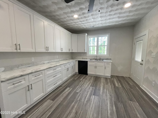 433 Riversound Dr, Edenton, NC 27932 - kitchen with white cabinets, a sink, dark wood-style flooring, black dishwasher, and light stone counters