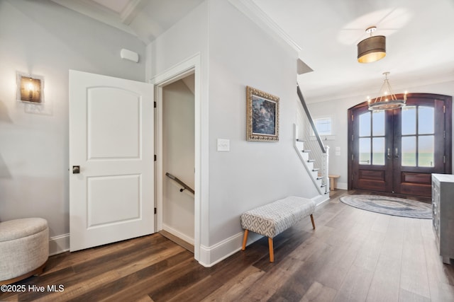 333 N Island Xing, Edenton, NC 27932 - entryway with french doors, baseboards, stairway, dark wood-type flooring, and ornamental molding