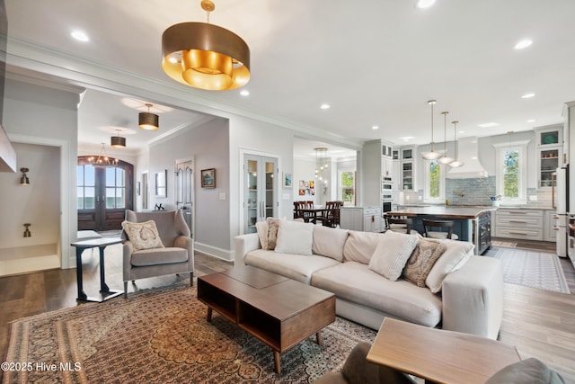 333 N Island Xing, Edenton, NC 27932 - living area featuring french doors, baseboards, recessed lighting, dark wood-type flooring, and ornamental molding