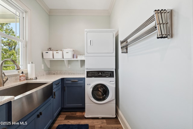333 N Island Xing, Edenton, NC 27932 - washroom with crown molding, cabinet space, stacked washer and dryer, and a sink