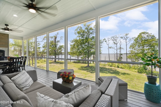333 N Island Xing, Edenton, NC 27932 - sunroom with plenty of natural light, a water view, ceiling fan, and an outdoor living space