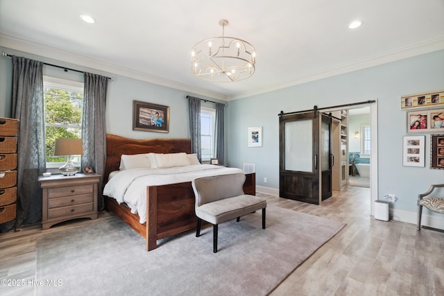 333 N Island Xing, Edenton, NC 27932 - bedroom with a barn door, crown molding, light wood-type flooring, an inviting chandelier, and baseboards