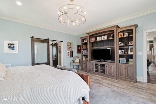 333 N Island Xing, Edenton, NC 27932 - bedroom with a chandelier, wood finished floors, crown molding, and a barn door