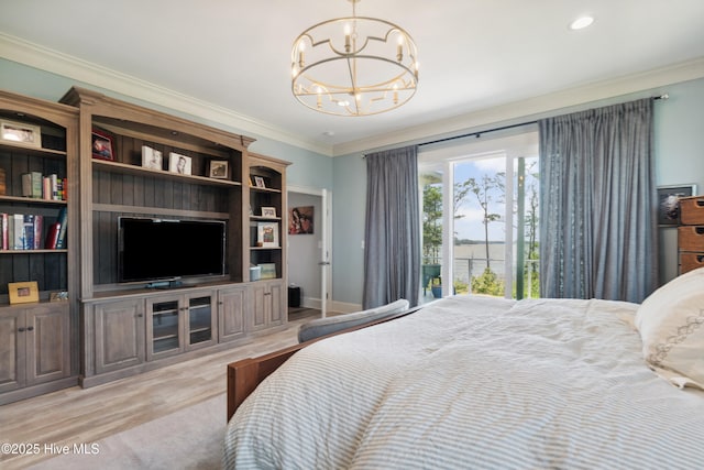 333 N Island Xing, Edenton, NC 27932 - bedroom with light wood finished floors, access to exterior, an inviting chandelier, recessed lighting, and ornamental molding