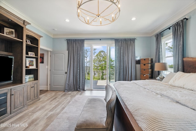 333 N Island Xing, Edenton, NC 27932 - bedroom with recessed lighting, crown molding, a chandelier, light wood-style flooring, and access to outside