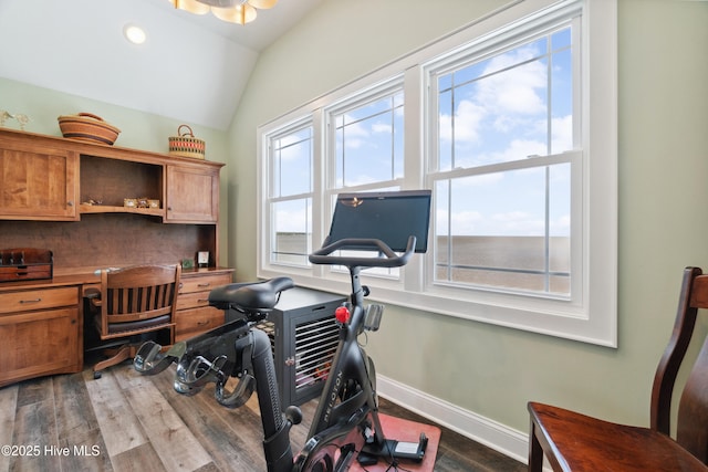 333 N Island Xing, Edenton, NC 27932 - exercise room with recessed lighting, lofted ceiling, dark wood-type flooring, and baseboards
