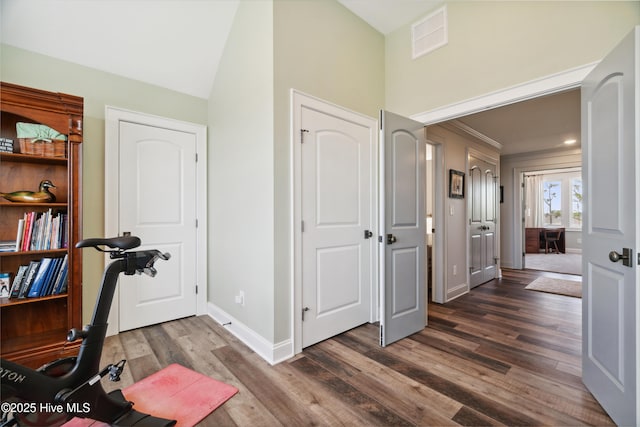 333 N Island Xing, Edenton, NC 27932 - interior space with high vaulted ceiling, visible vents, baseboards, and dark wood-style floors