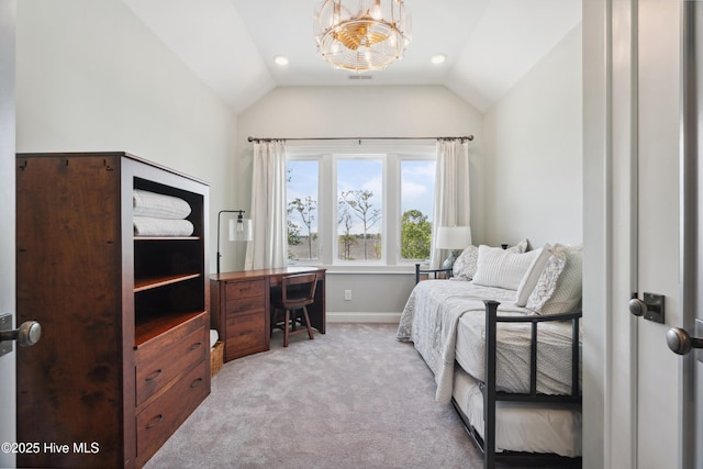 333 N Island Xing, Edenton, NC 27932 - bedroom featuring a chandelier, baseboards, lofted ceiling, carpet flooring, and visible vents