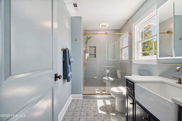 333 N Island Xing, Edenton, NC 27932 - full bath with toilet, a stall shower, vanity, baseboards, and visible vents