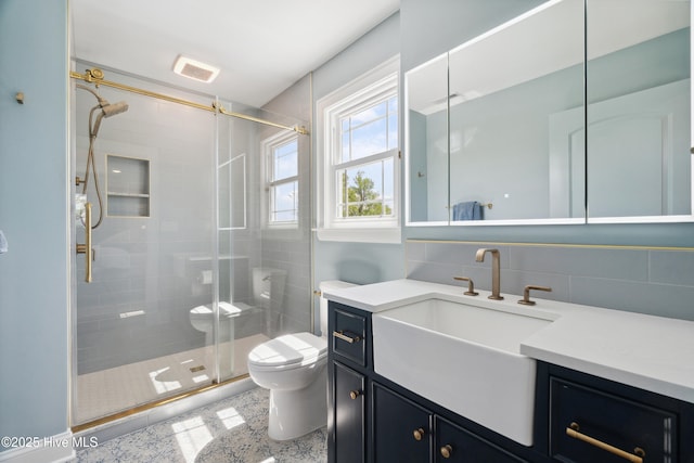 333 N Island Xing, Edenton, NC 27932 - bathroom with a shower stall, backsplash, visible vents, toilet, and vanity