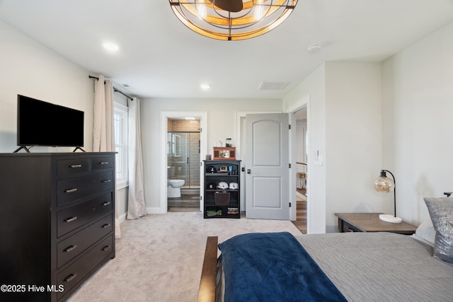 333 N Island Xing, Edenton, NC 27932 - bedroom with light colored carpet, baseboards, ensuite bath, and recessed lighting