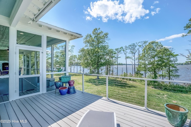 333 N Island Xing, Edenton, NC 27932 - wooden terrace with a sunroom, a water view, and a yard