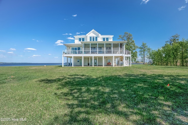 333 N Island Xing, Edenton, NC 27932 - rear view of property with a yard, a sunroom, a water view, and stairway
