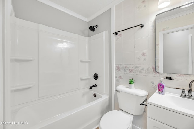 6203 Lynette Cir, Fayetteville, NC 28314 - bathroom with ornamental molding, tile walls, vanity, toilet, and shower / tub combination