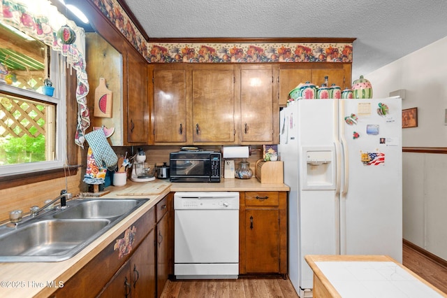 kitchen featuring brown cabinets, a sink, a textured ceiling, white appliances, and light wood-style floors