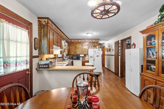 kitchen with a notable chandelier, light wood-style flooring, under cabinet range hood, white appliances, and light countertops