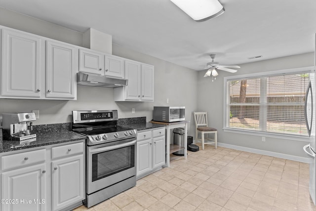 kitchen featuring ceiling fan, appliances with stainless steel finishes, white cabinetry, under cabinet range hood, and visible vents