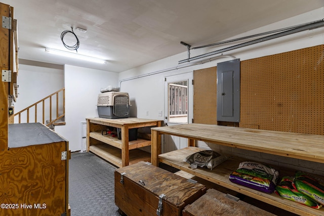 below grade area with a workshop area and electric panel
