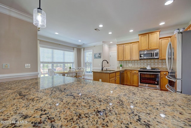 kitchen featuring light stone countertops, appliances with stainless steel finishes, ornamental molding, and a sink