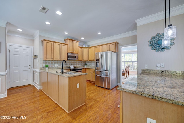 kitchen featuring crown molding, stainless steel appliances, light wood-style floors, and a peninsula