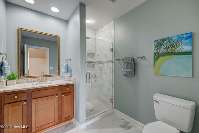 bathroom featuring toilet, baseboards, marble finish floor, and a stall shower