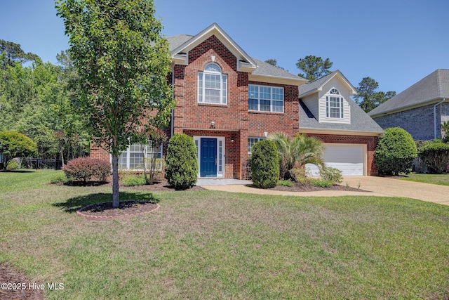 view of front facade with roof with shingles, a front lawn, brick siding, a garage, and concrete driveway
