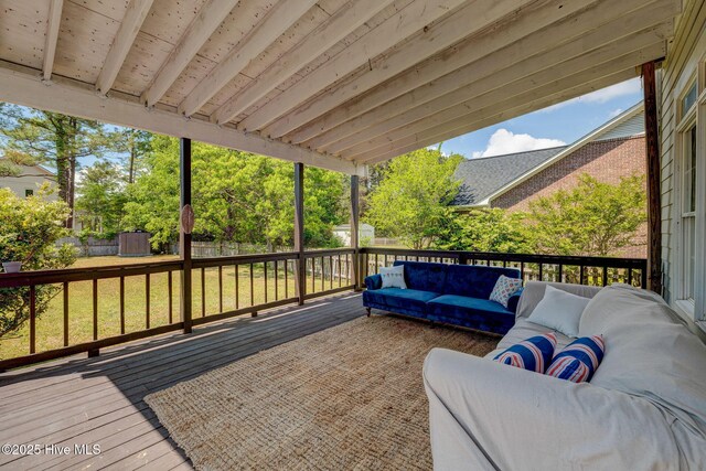 7240 Orchard Trce, Wilmington, NC 28409 - wooden deck featuring a fenced backyard, an outbuilding, an outdoor hangout area, a shed, and a lawn