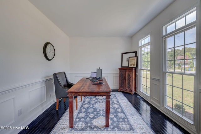 7240 Orchard Trce, Wilmington, NC 28409 - office featuring dark wood-style floors, wainscoting, and a decorative wall