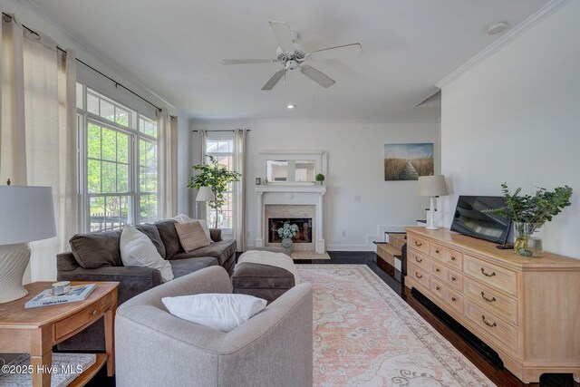 7240 Orchard Trce, Wilmington, NC 28409 - living room featuring crown molding, ceiling fan, baseboards, a fireplace, and dark wood-type flooring