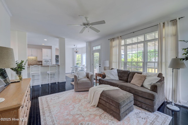 7240 Orchard Trce, Wilmington, NC 28409 - living room featuring a ceiling fan, baseboards, dark wood finished floors, and recessed lighting