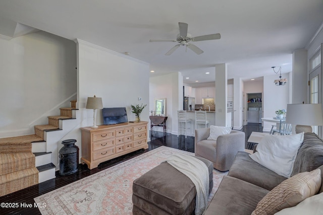 7240 Orchard Trce, Wilmington, NC 28409 - living room featuring recessed lighting, wood finished floors, ceiling fan, baseboards, and stairway