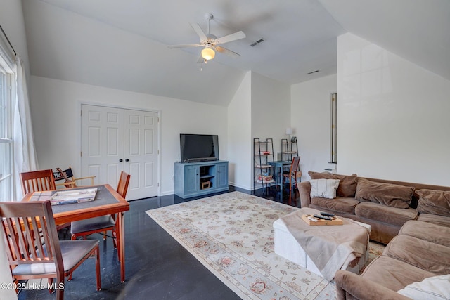 7240 Orchard Trce, Wilmington, NC 28409 - living room with visible vents, ceiling fan, lofted ceiling, and baseboards