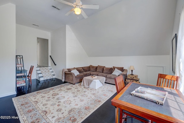 7240 Orchard Trce, Wilmington, NC 28409 - living area featuring visible vents, ceiling fan, and lofted ceiling