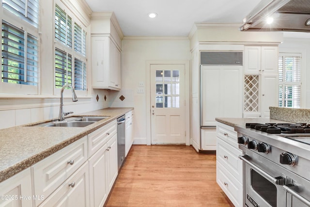 kitchen featuring light wood finished floors, a sink, premium appliances, light countertops, and ornamental molding