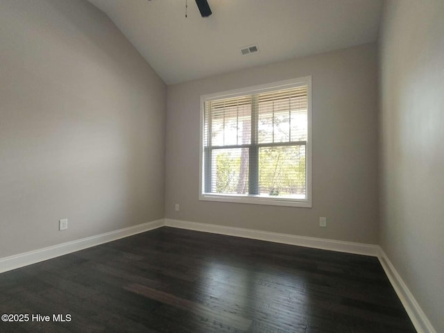 112 Schever Rd, West End, NC 27376 - unfurnished room with vaulted ceiling, a ceiling fan, dark wood-style flooring, and baseboards