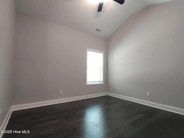 112 Schever Rd, West End, NC 27376 - empty room with lofted ceiling, a ceiling fan, dark wood-style flooring, and baseboards